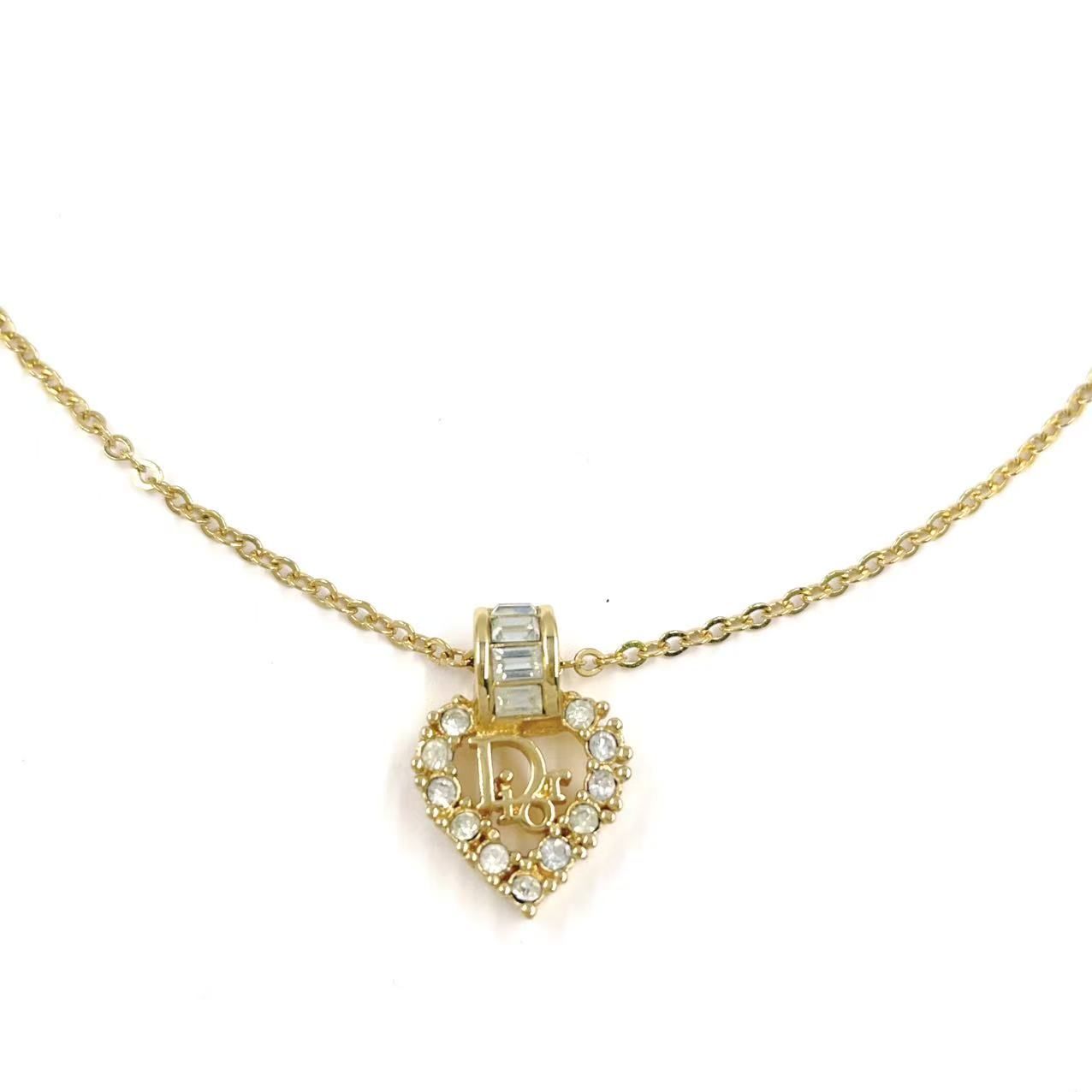 Christian Dior ロゴ ハート GP×ラインストーン クリア×ゴールド ネックレス
