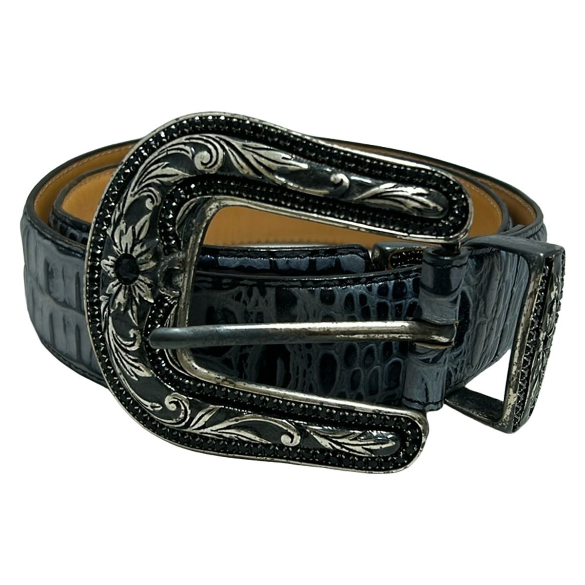 TORNADO MART トルネードマート ベルト Ｍc - 黒×ライトグレー×シルバー ラインストーン 型押し加工 レザー