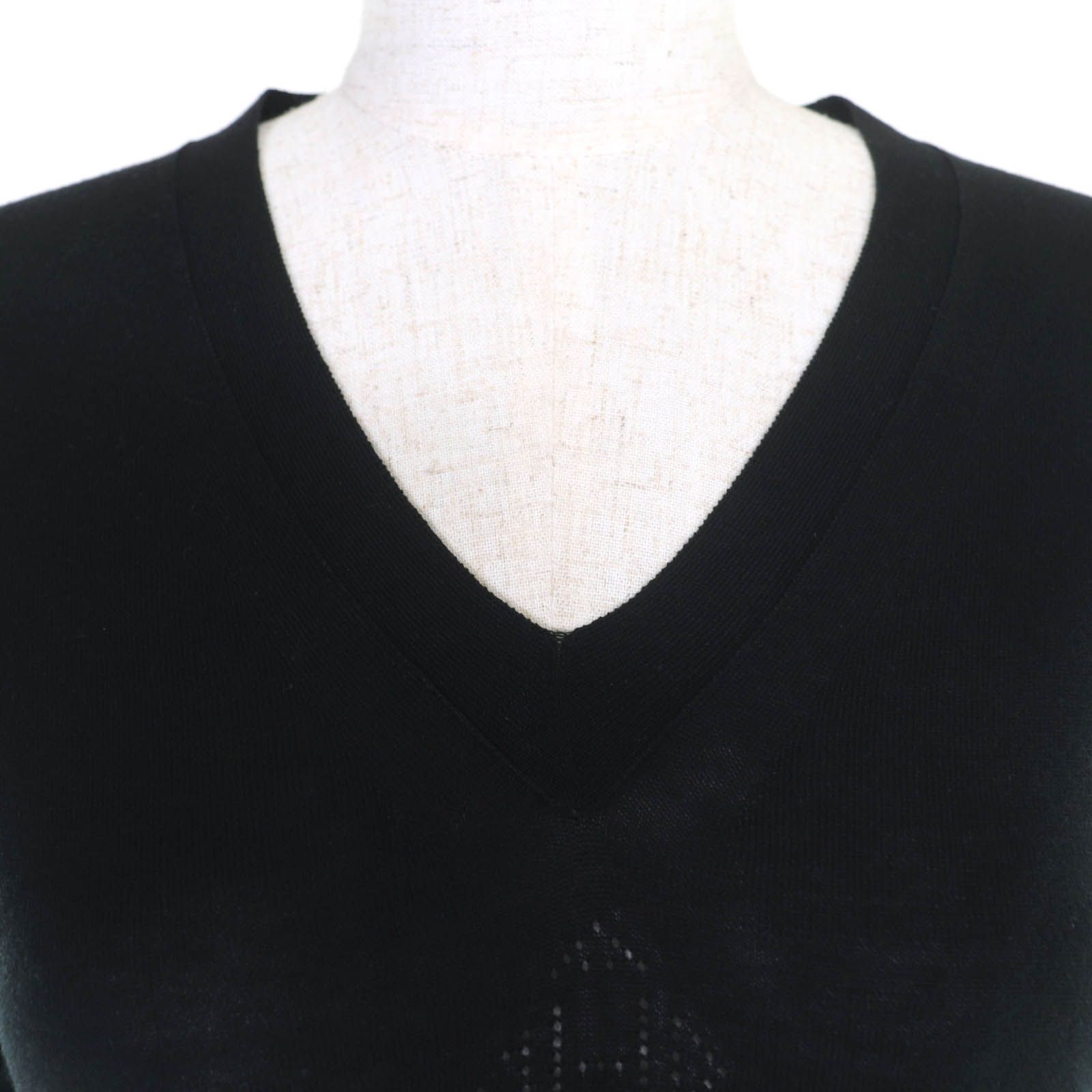 美品☆HERMES エルメス コットン シルク Hロゴ Vネック 長袖 ニット