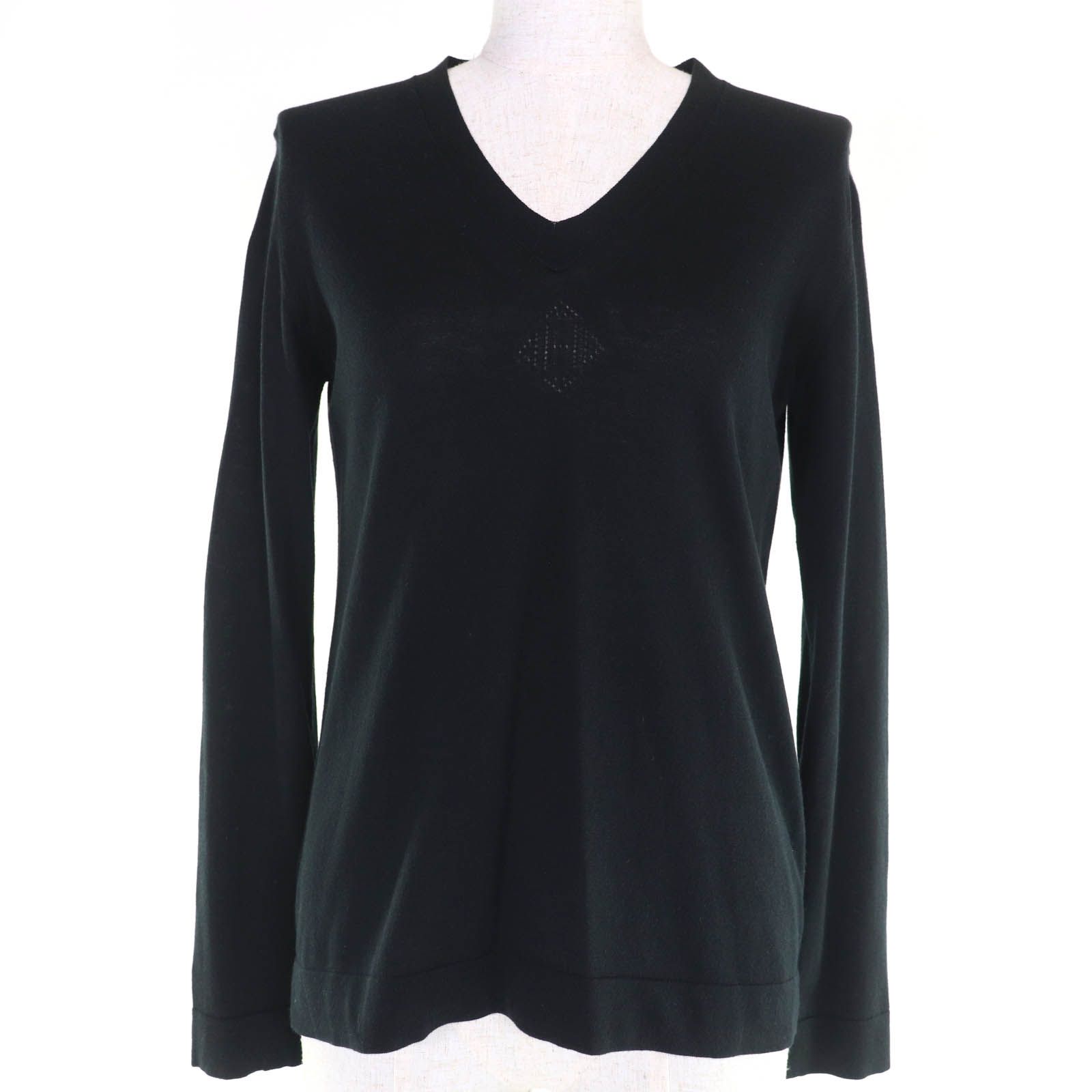 美品☆HERMES エルメス コットン シルク Hロゴ Vネック 長袖 ニット