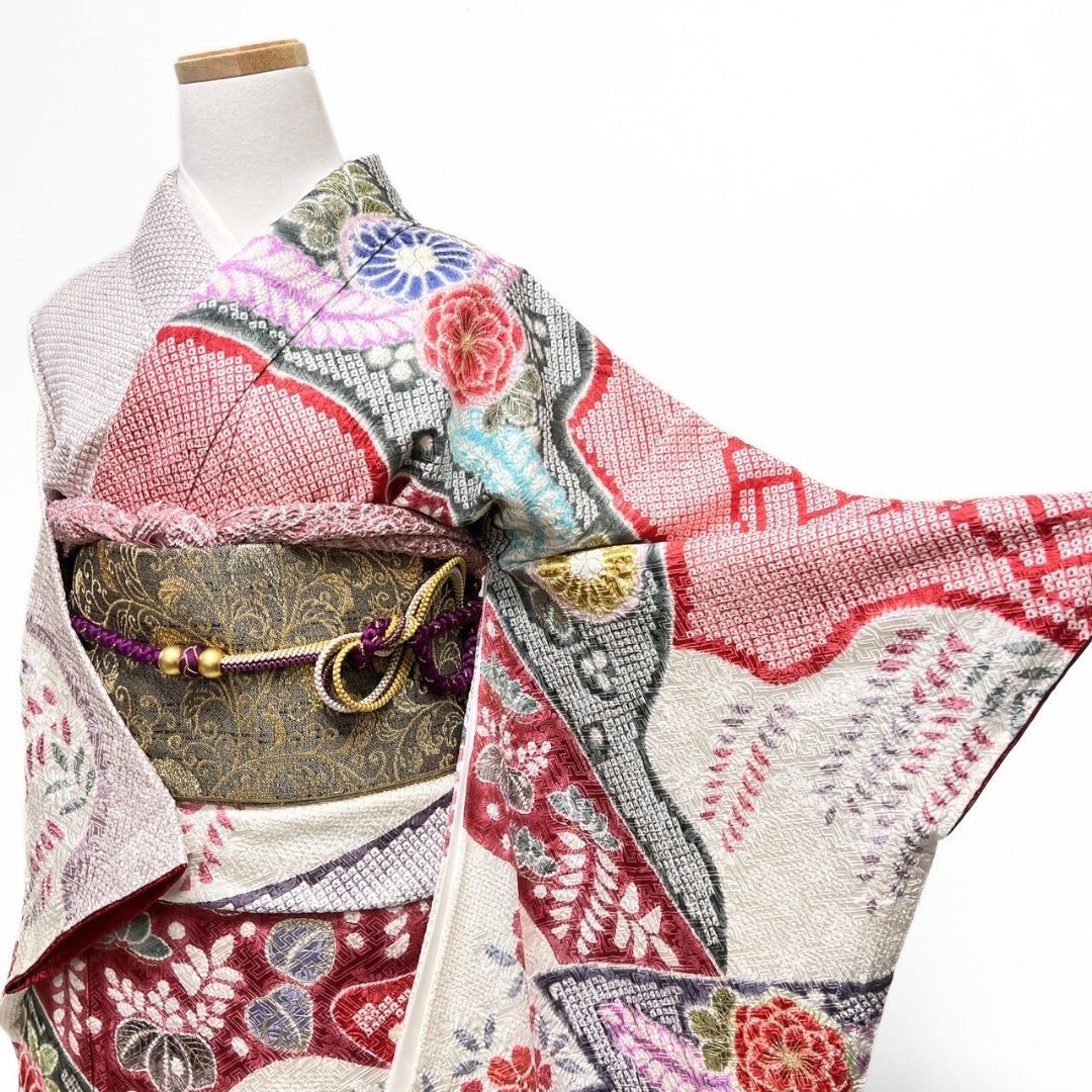 振袖 総絞り 金彩 辻ヶ花 藤の花 桐の花 紅白 着物 121 b p ms