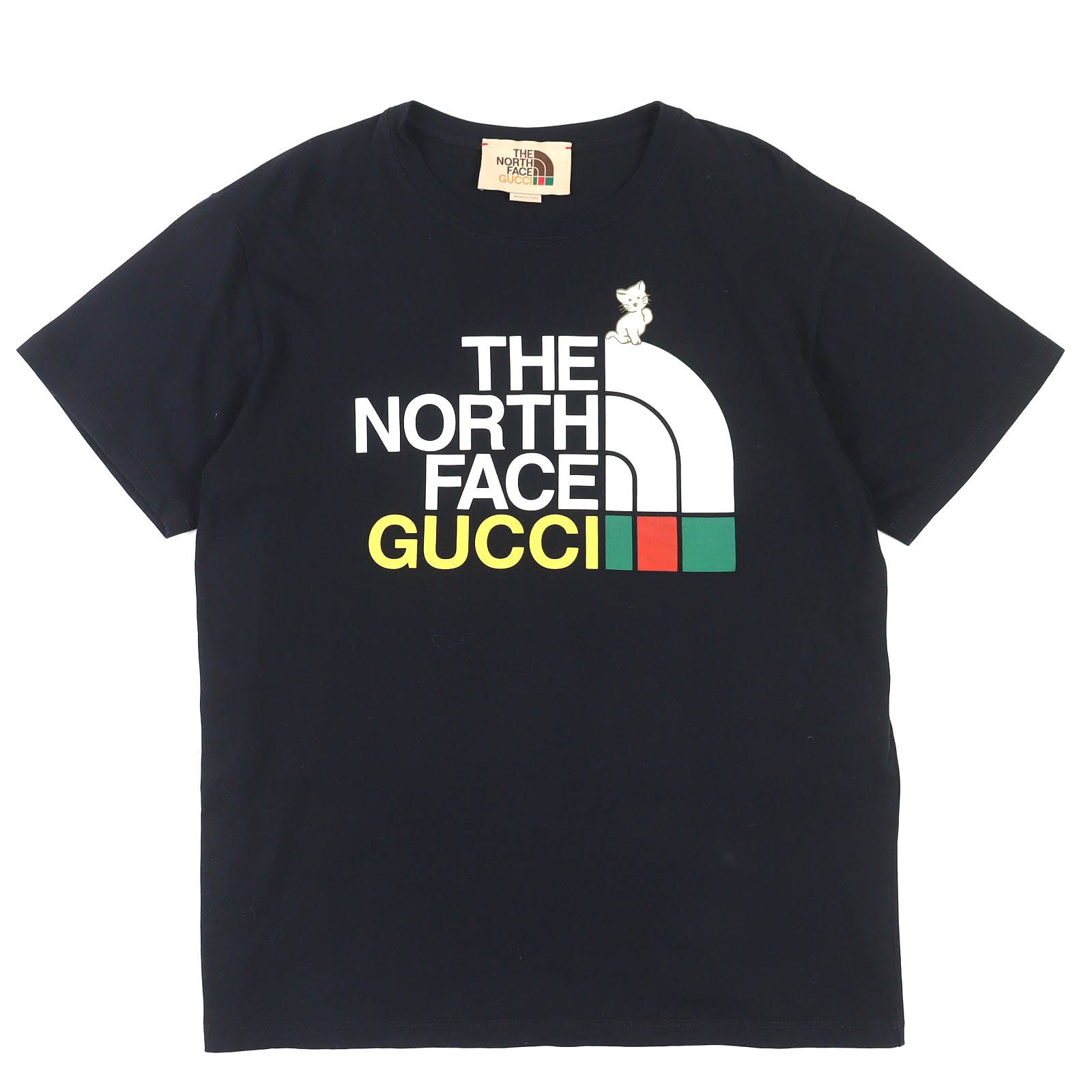 GUCCI×THE NORTH FACE グッチ×ザ ノースフェイス 615044 コットン100％ ロゴ ネコ クルーネック 半袖Ｔシャツ ブラック XS イタリア製 メンズ