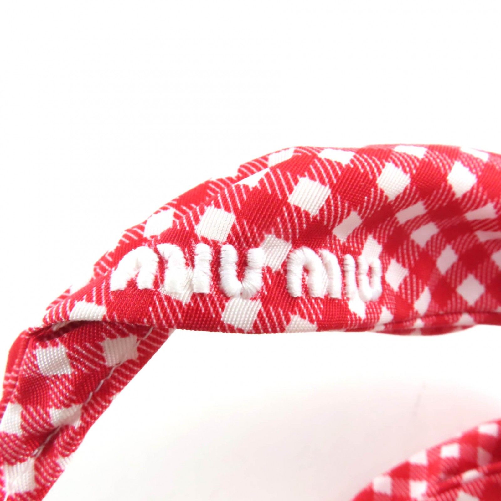 極美品☆MIUMIU ミュウミュウ ロゴ刺繍入り ギンガムチェック リボン