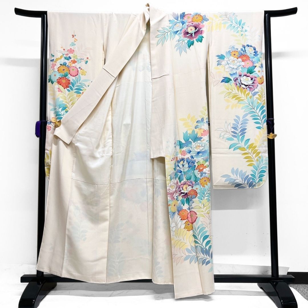  振袖 友禅調 牡丹 菊花 花模様 アイボリー 着物 121 b p ms 振袖 着物