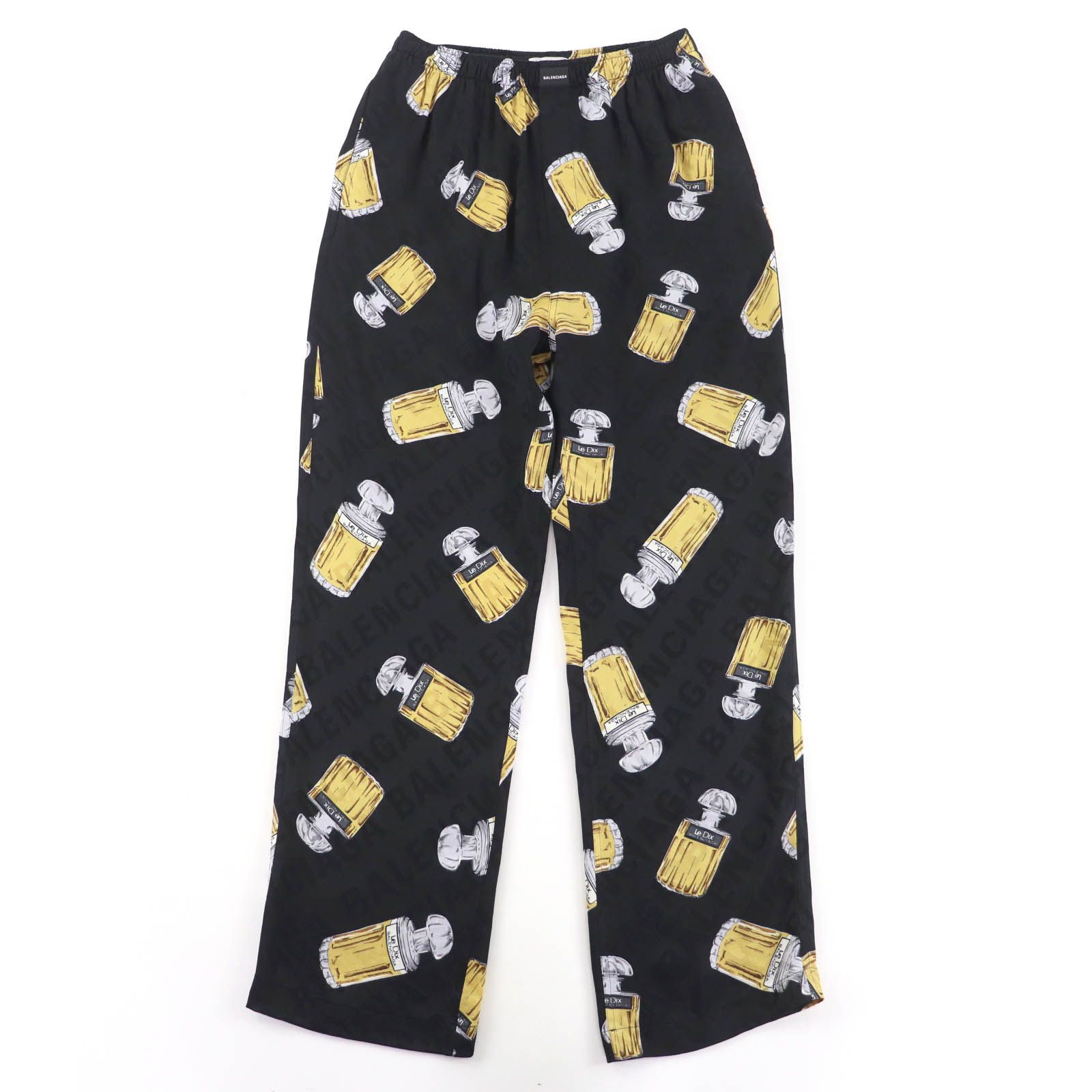 バレンシアガ 2020年製 595222 シルク100％ 香水 ロゴ総柄 パンツ ブラック 34 イタリア製 レディース