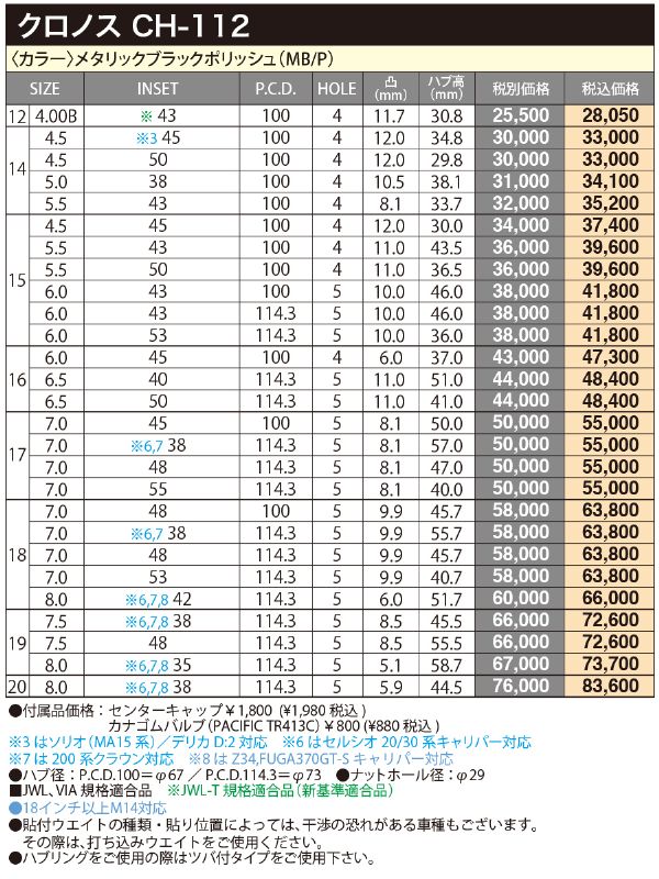 17インチ アルミホイール 5穴114.3 | ホットスタッフ クロノス CH112 7J +48 4本セット