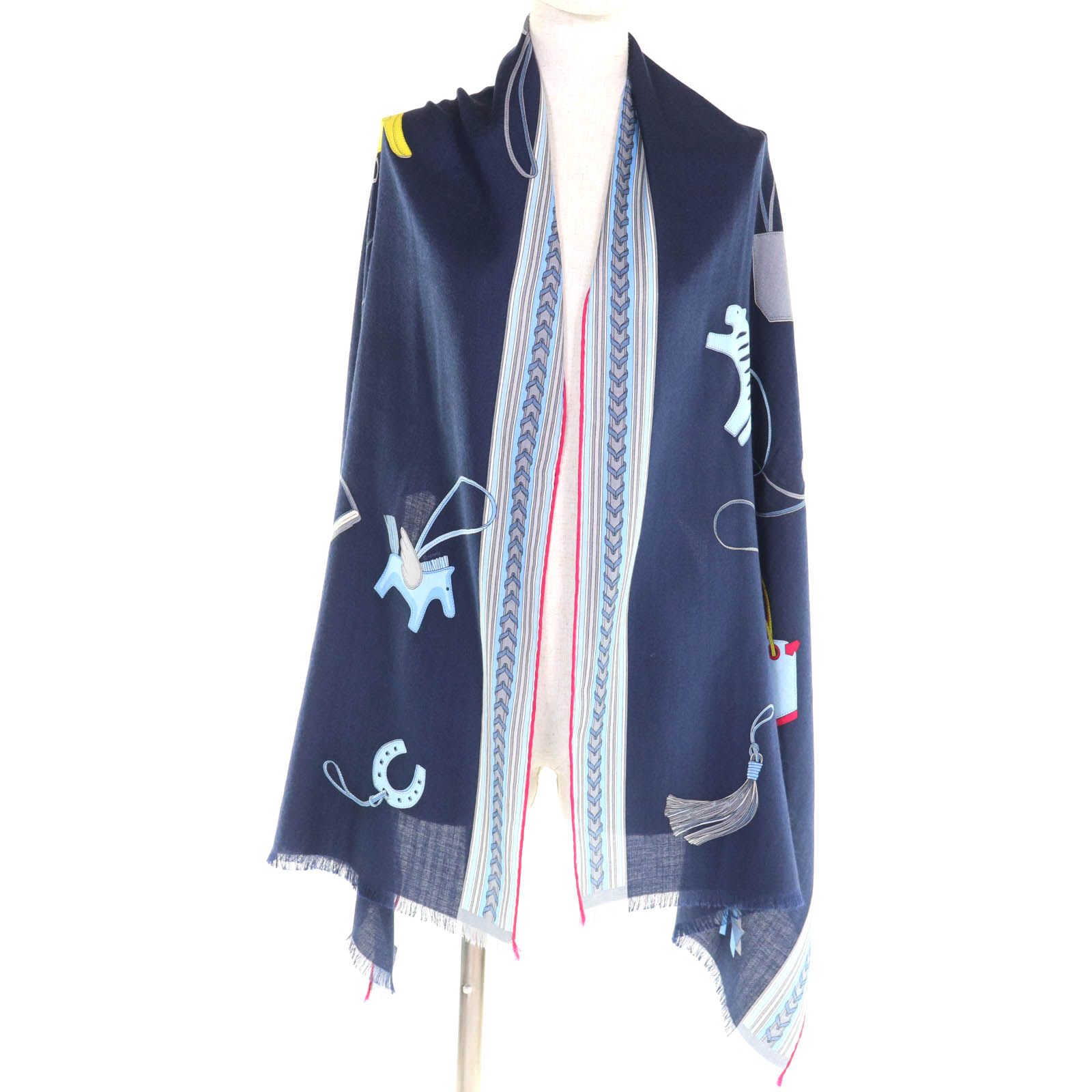 【美品】エルメス　HERMES シルク ストール ネイビー　グレー フリンジ付き 極美品◇HERMES エルメス レクタングル Et Gris Gris・エ グリ グリ
