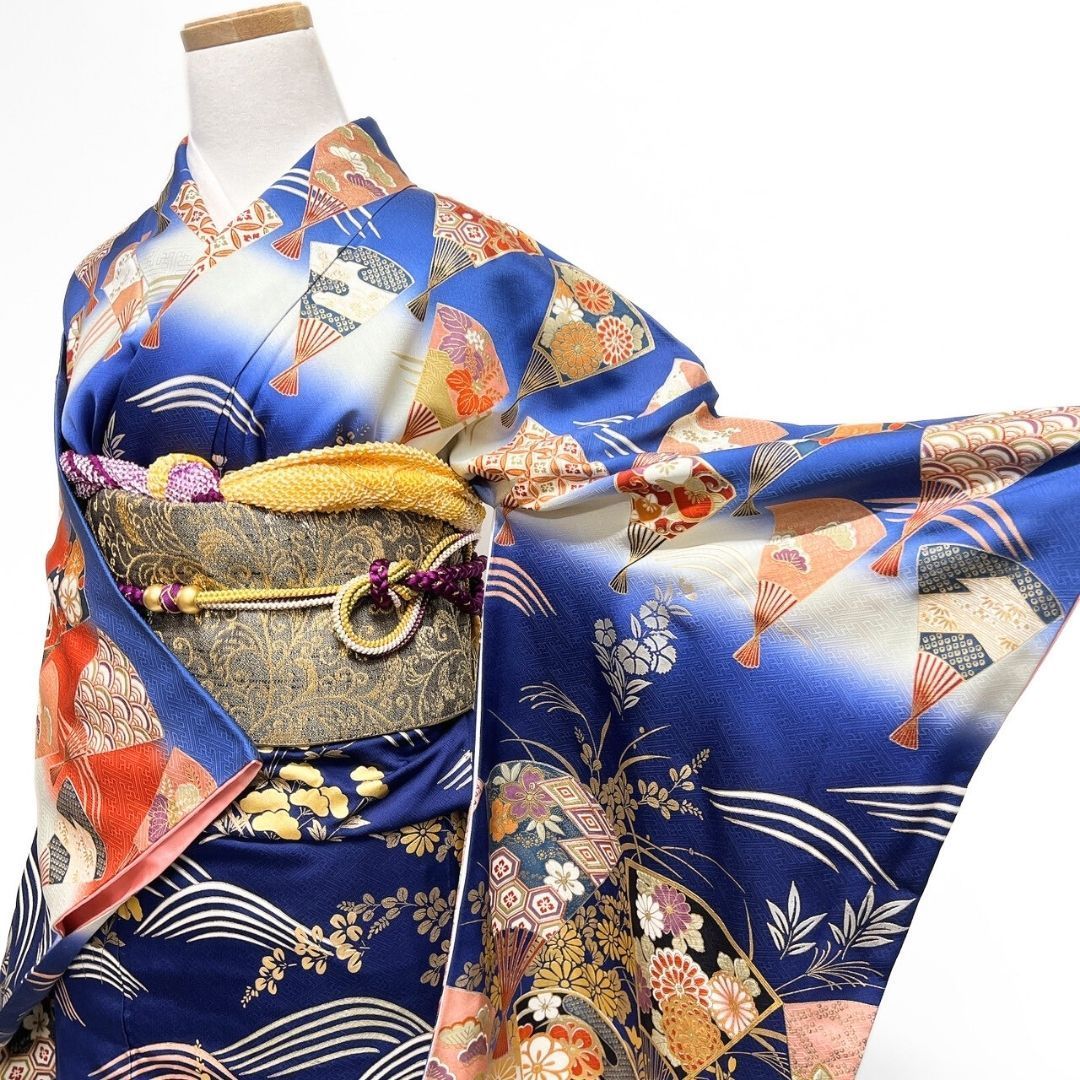 振袖 金彩 扇 波 花 伝統和模様 着物 121 b p ms