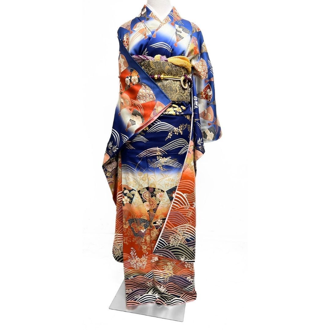振袖 金彩 扇 波 花 伝統和模様 着物 121 b p ms