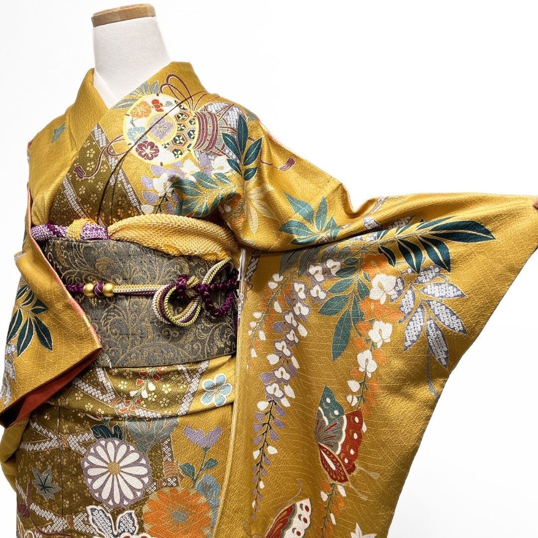 振袖 金彩 金駒刺繍 藤 菊花 蝶 松竹梅 着物 121 b p ms