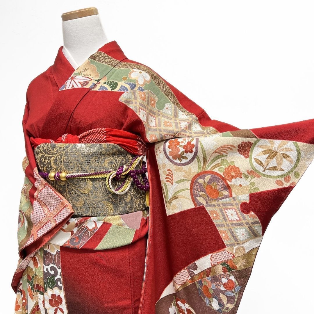 未着用 振袖 金彩 熨斗 雪輪 花模様 鹿の子 着物 121 b p ms