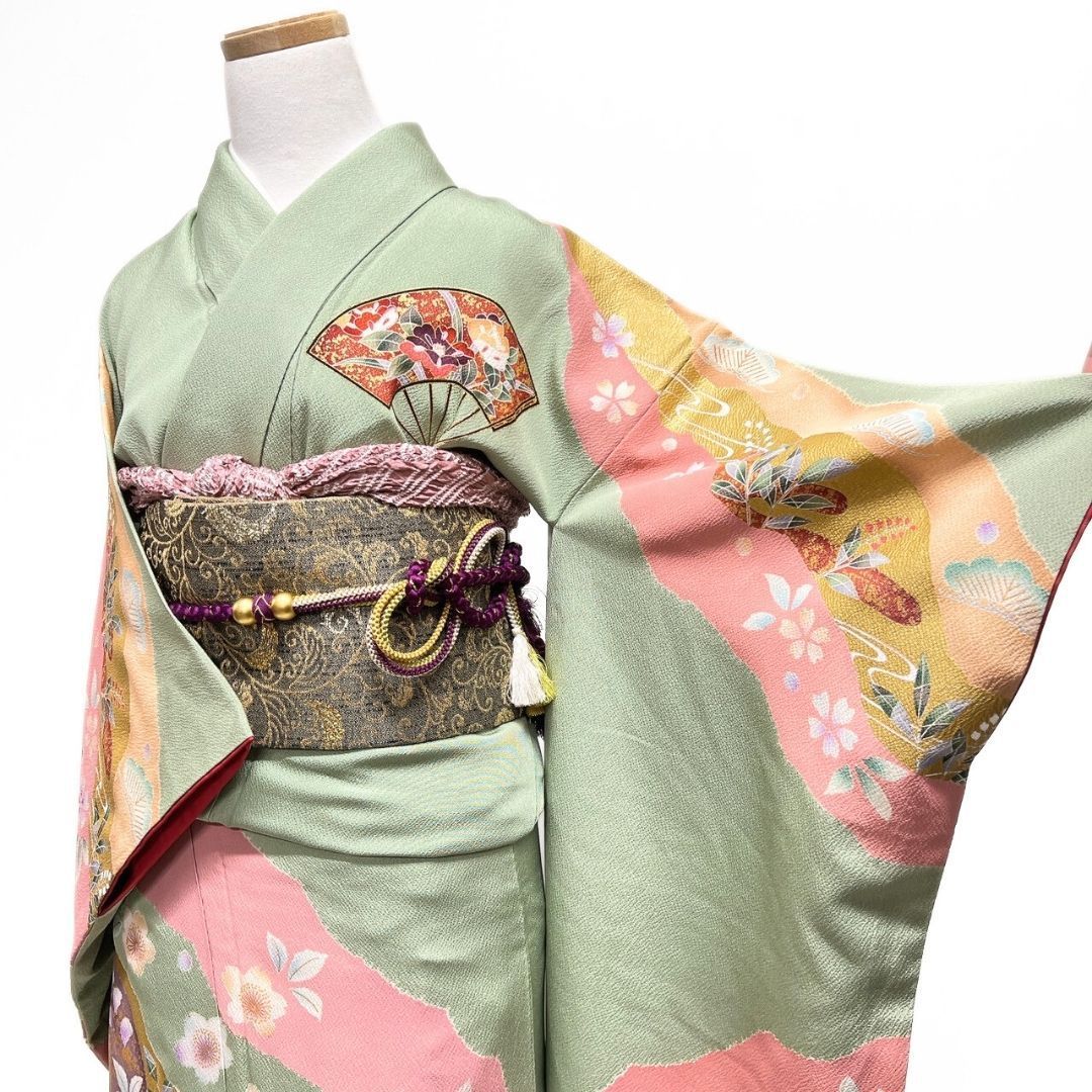 振袖 金彩 霞 扇 梅花 花模様 着物 121 b p ms