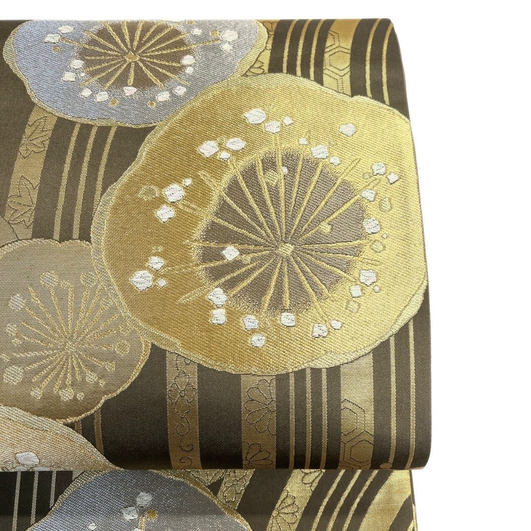 セミアンティーク　袋帯　唐織　梅花　リーフ模様　金糸　銀糸　着物　044a p セミアンティーク 袋帯 唐織 梅花 リーフ模様 金糸 銀糸 着物 044a p