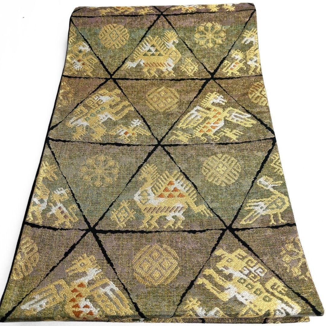 袋帯 鱗模様 動物紋 鳳凰 花菱 金糸 着物 115 p ms