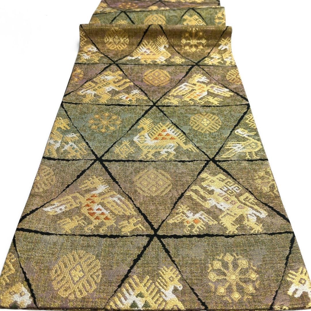  袋帯 鱗模様 動物紋 鳳凰 花菱 金糸 着物 115 p ms 袋帯 帯
