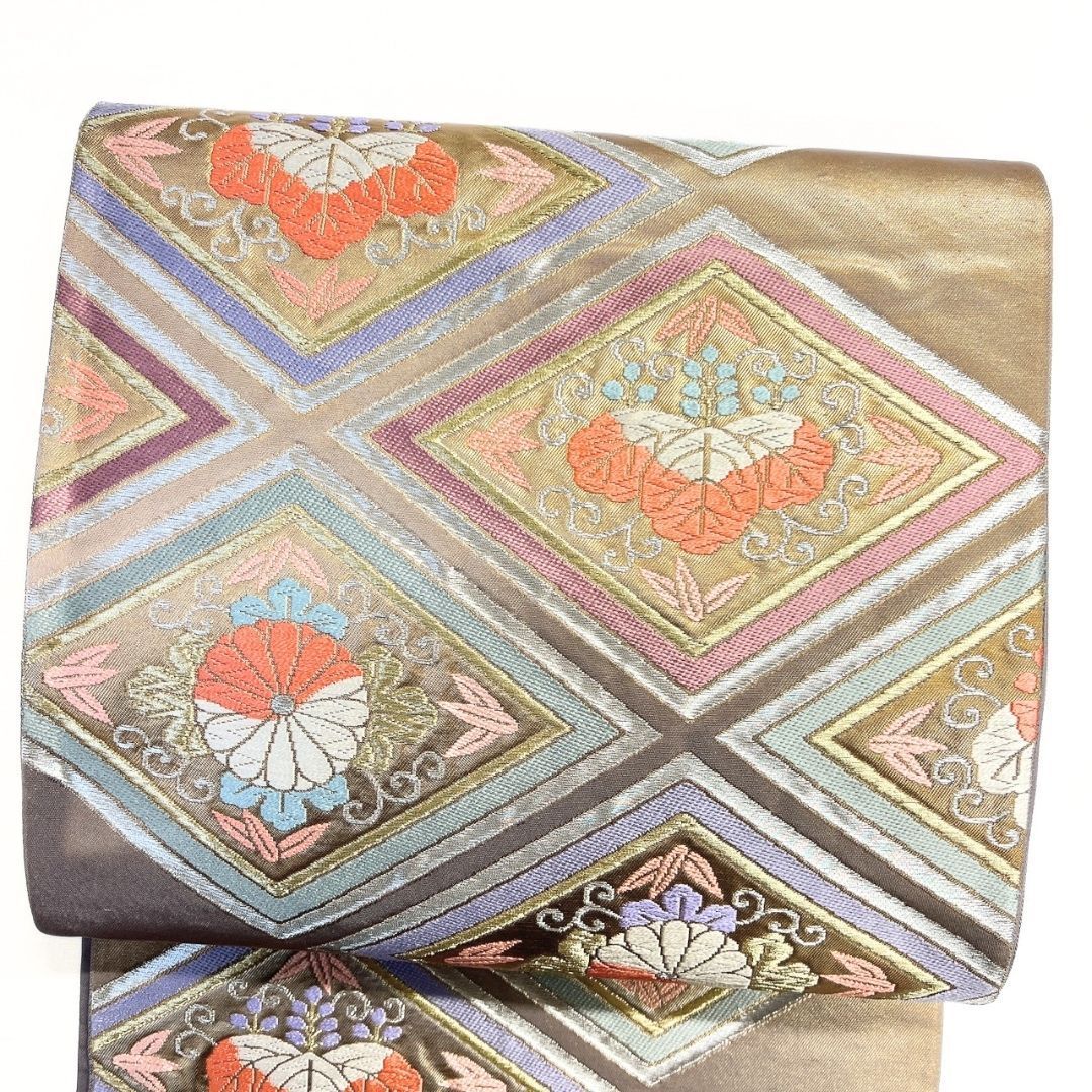 未着用 袋帯 加納幸 唐織 菱模様 桐の花 菊花 金糸 着物 115 p ms