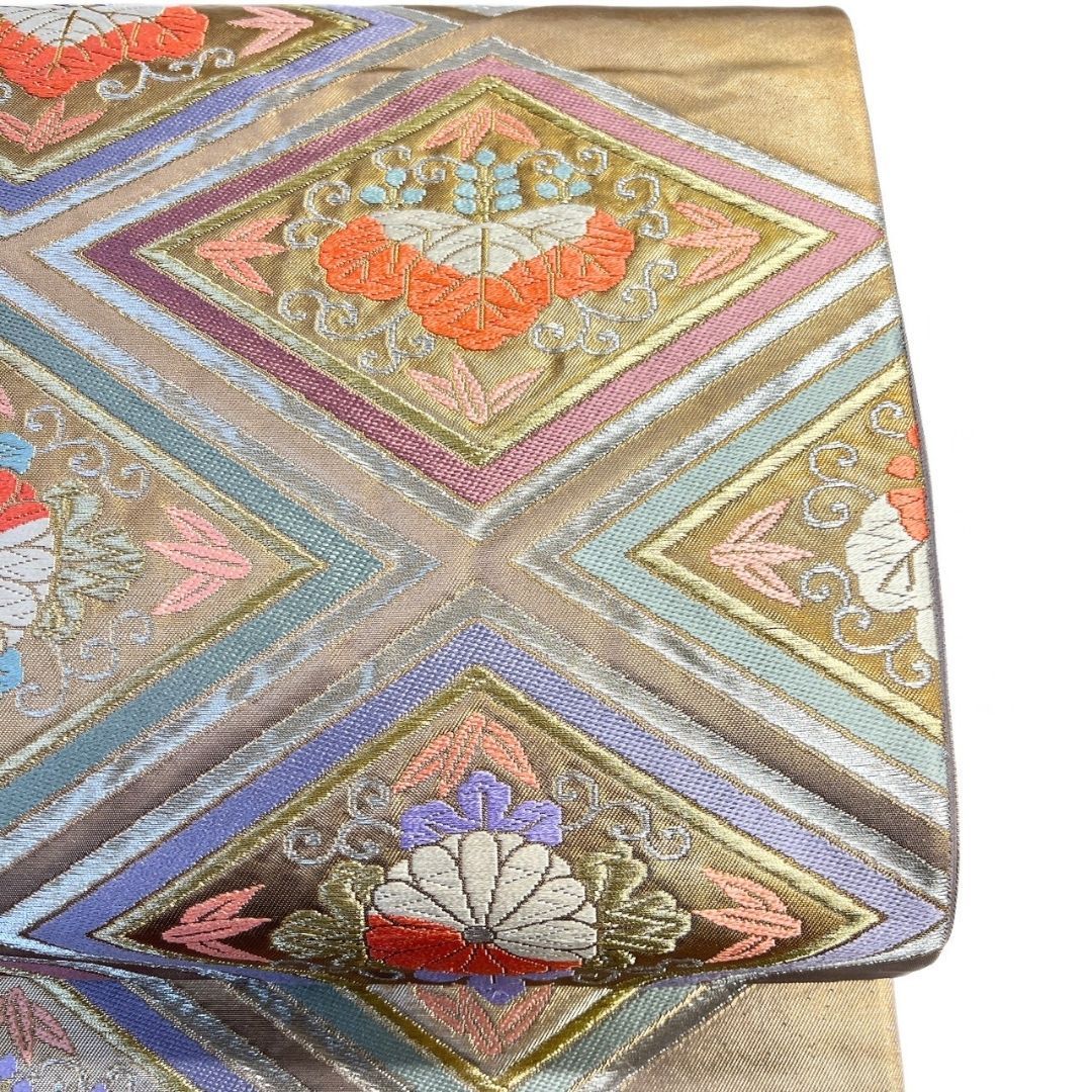 未着用 袋帯 加納幸 唐織 菱模様 桐の花 菊花 金糸 着物 115 p ms