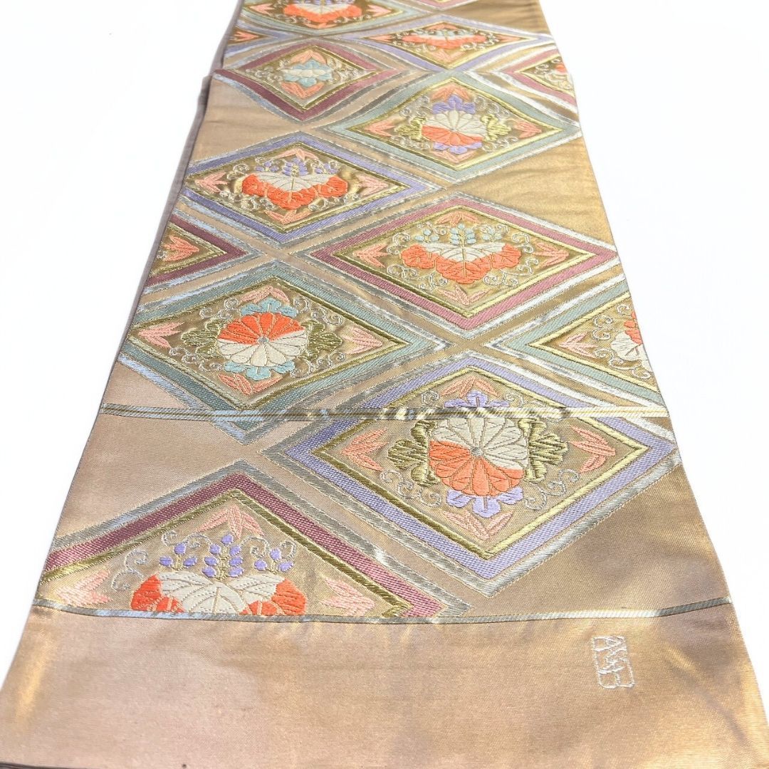 未着用 袋帯 加納幸 唐織 菱模様 桐の花 菊花 金糸 着物 115 p ms