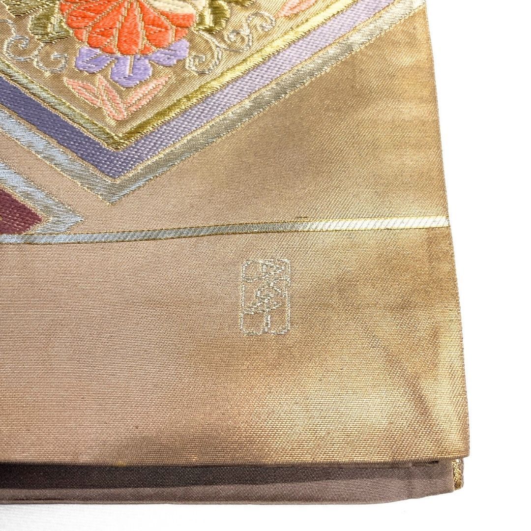 未着用　袋帯　唐織　草木染　花菱　花紋　金糸着物　092a p 未着用 袋帯 加納幸 唐織 菱模様 桐の花 菊花 金糸 着物 115 p ms