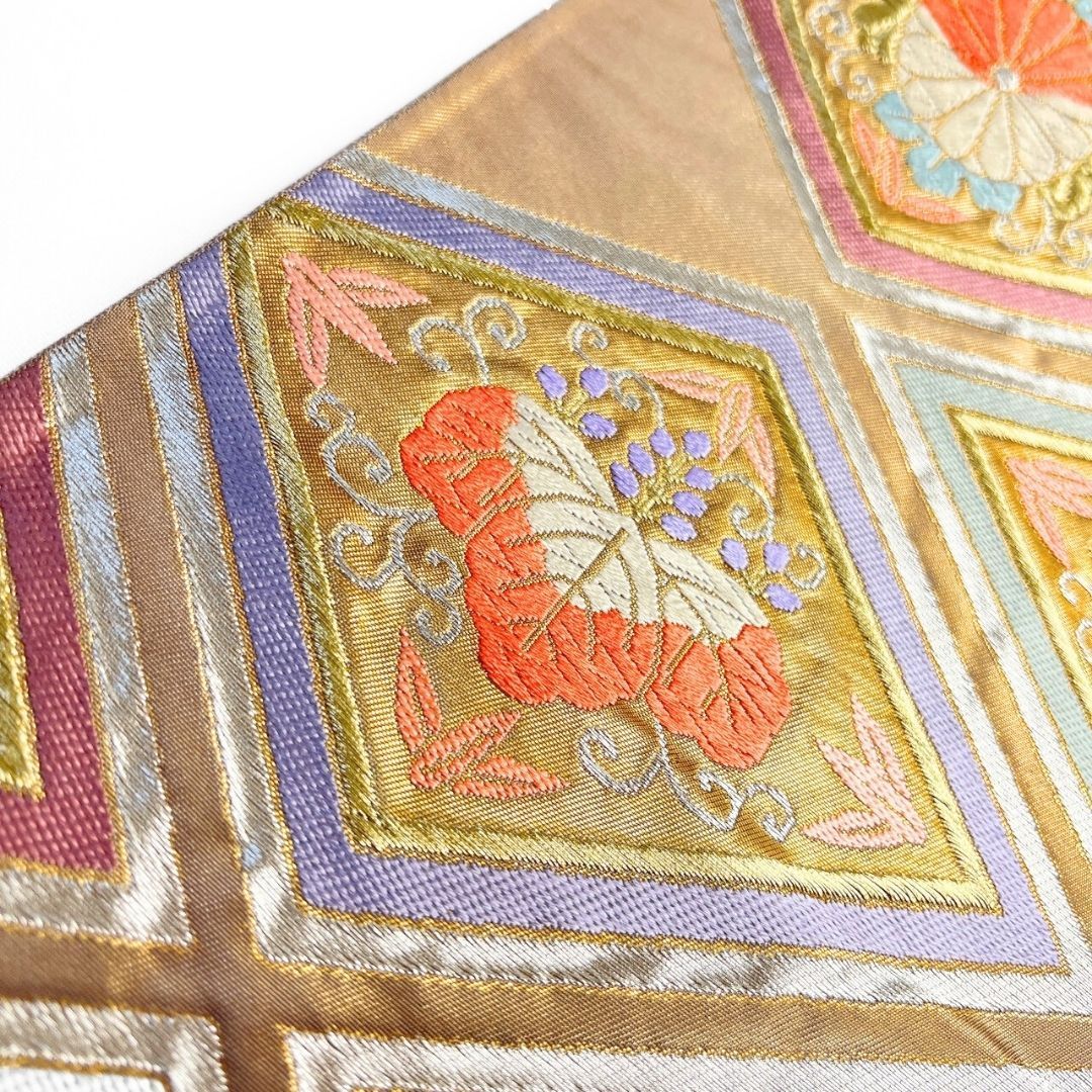 未着用 袋帯 加納幸 唐織 菱模様 桐の花 菊花 金糸 着物 115 p ms