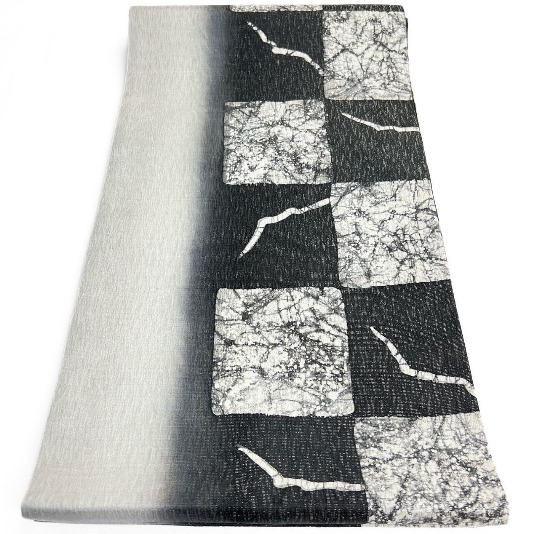 未着用 袋帯 全通 銀通し 市松模様 ぼかし 着物 115 p ms