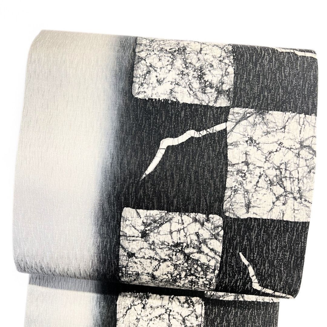 未着用 袋帯 全通 銀通し 市松模様 ぼかし 着物 115 p ms