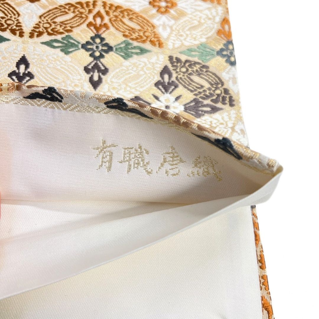 未着用　紬　唐花模様　金糸　袋帯　着物　114a p 袋帯 未着用 倭繭 有職唐織 七宝 花菱 花模様 金糸 着物 115 p ms