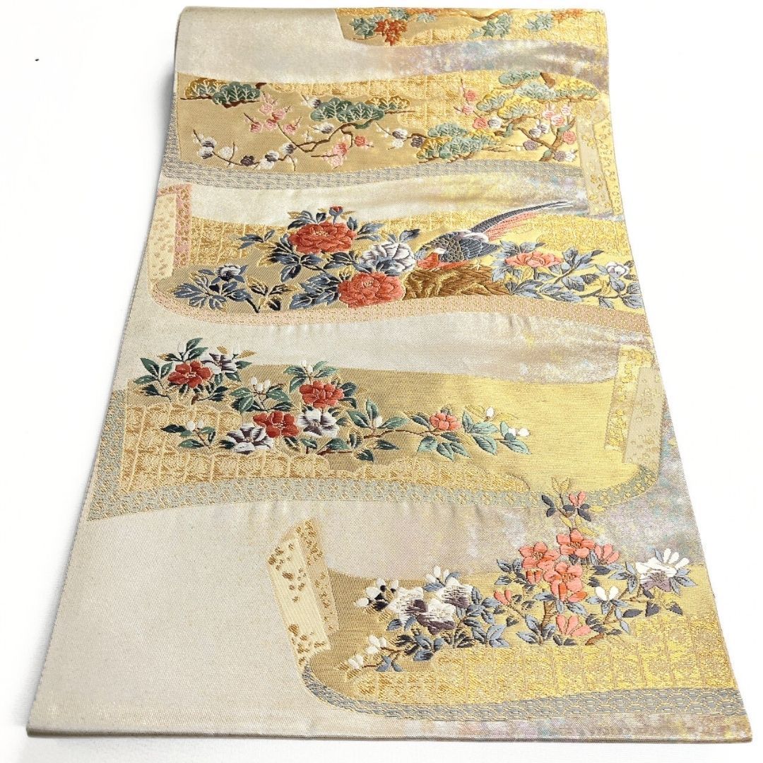未着用 袋帯 絵巻物 牡丹 菖蒲 楓 金糸 着物 115 p ms - メルカリ