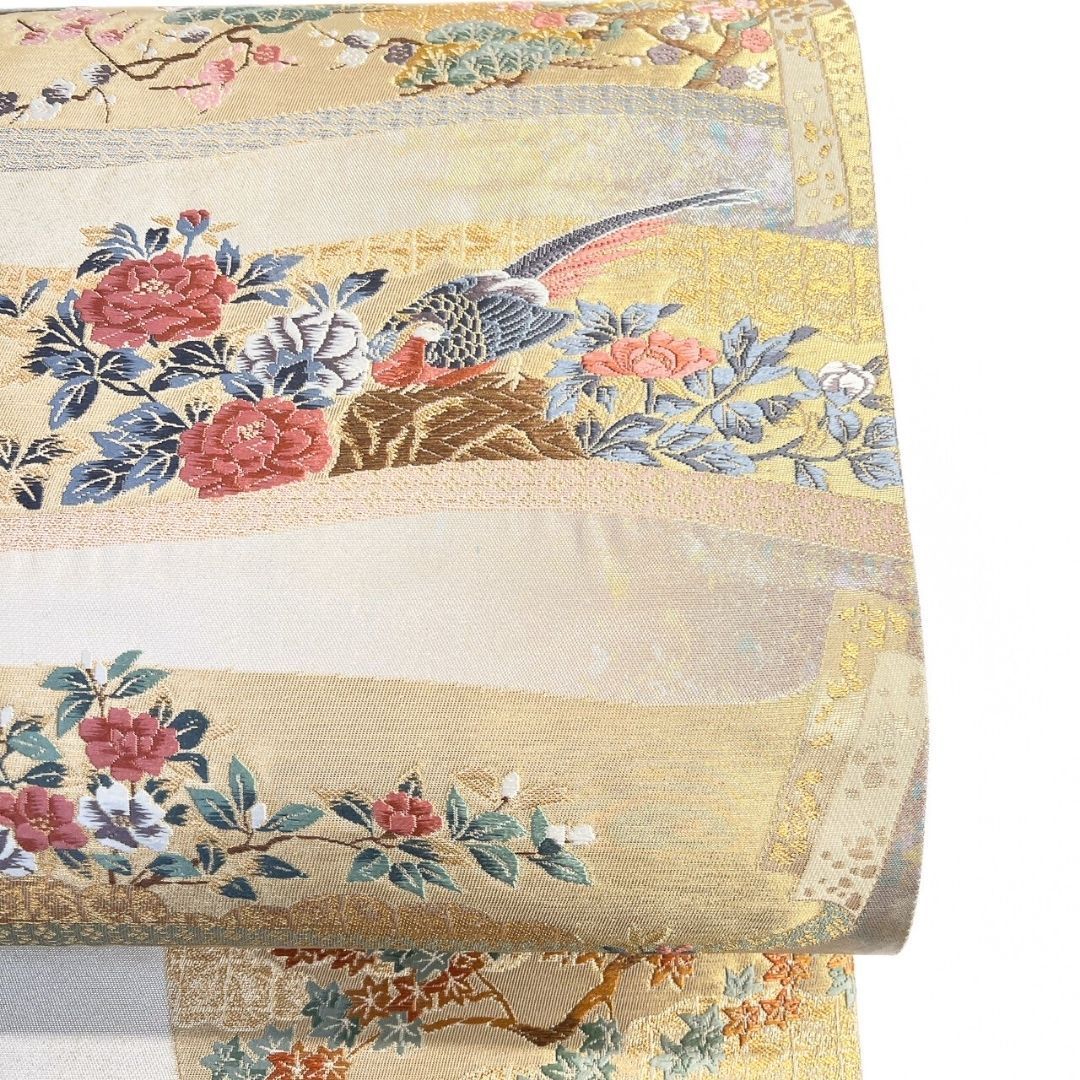  未着用 袋帯 絵巻物 牡丹 菖蒲 楓 金糸 着物 115 p ms 袋帯 帯