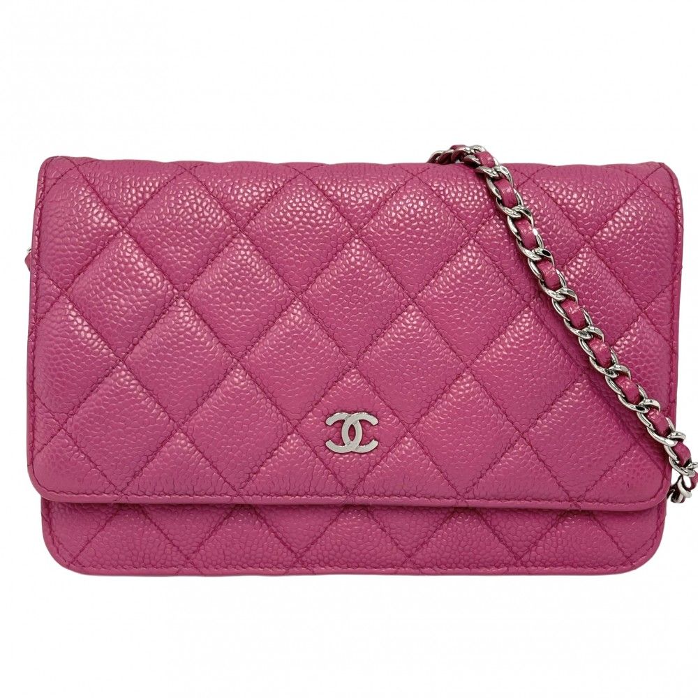 シャネル チェーンウォレット レディース ショルダーバッグ ココマーク 斜め掛け 財布 CHANEL キャビアスキン ピンク シルバー金具 品