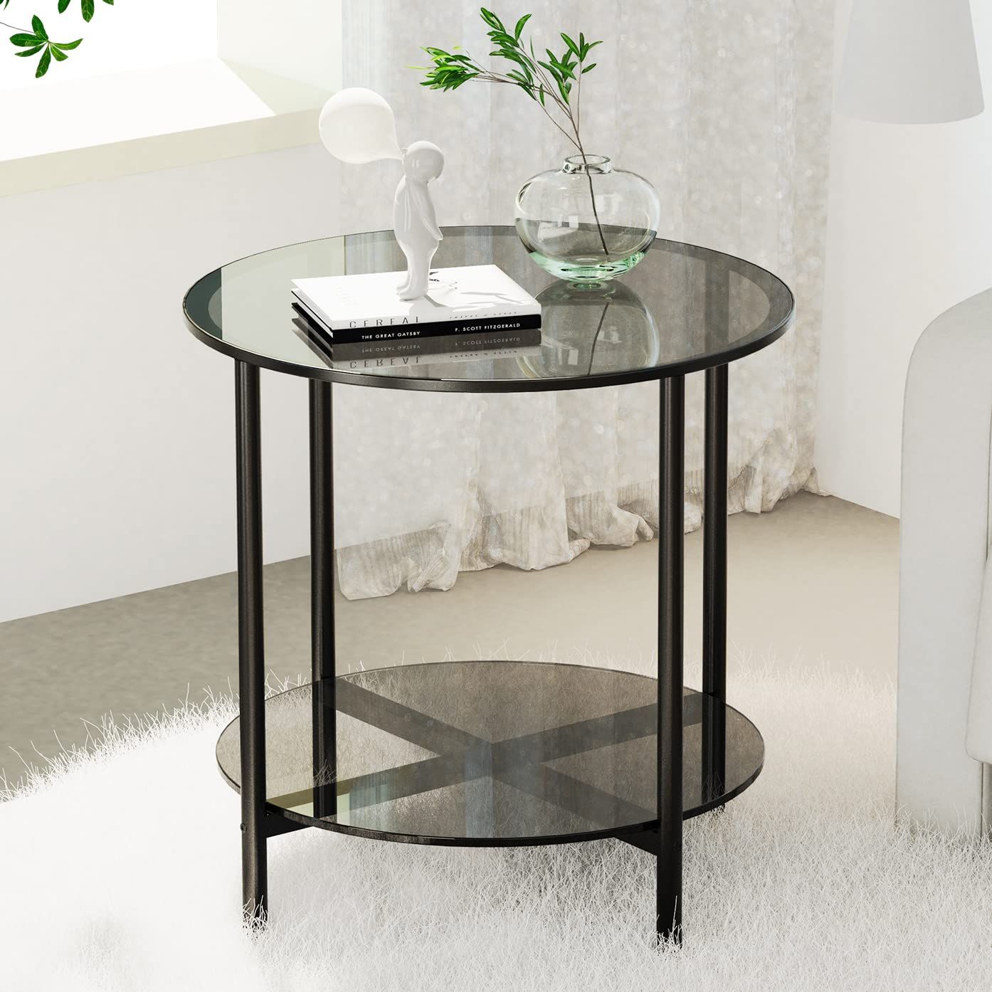 サイドテーブル 丸 ガラス ソファーテーブル ベッドサイドテーブル 2段 ベッド横 ソファ横 コーヒーテーブル ミニテーブル 丸型 おしゃれ 幅50 奥行50 高さ50㎝