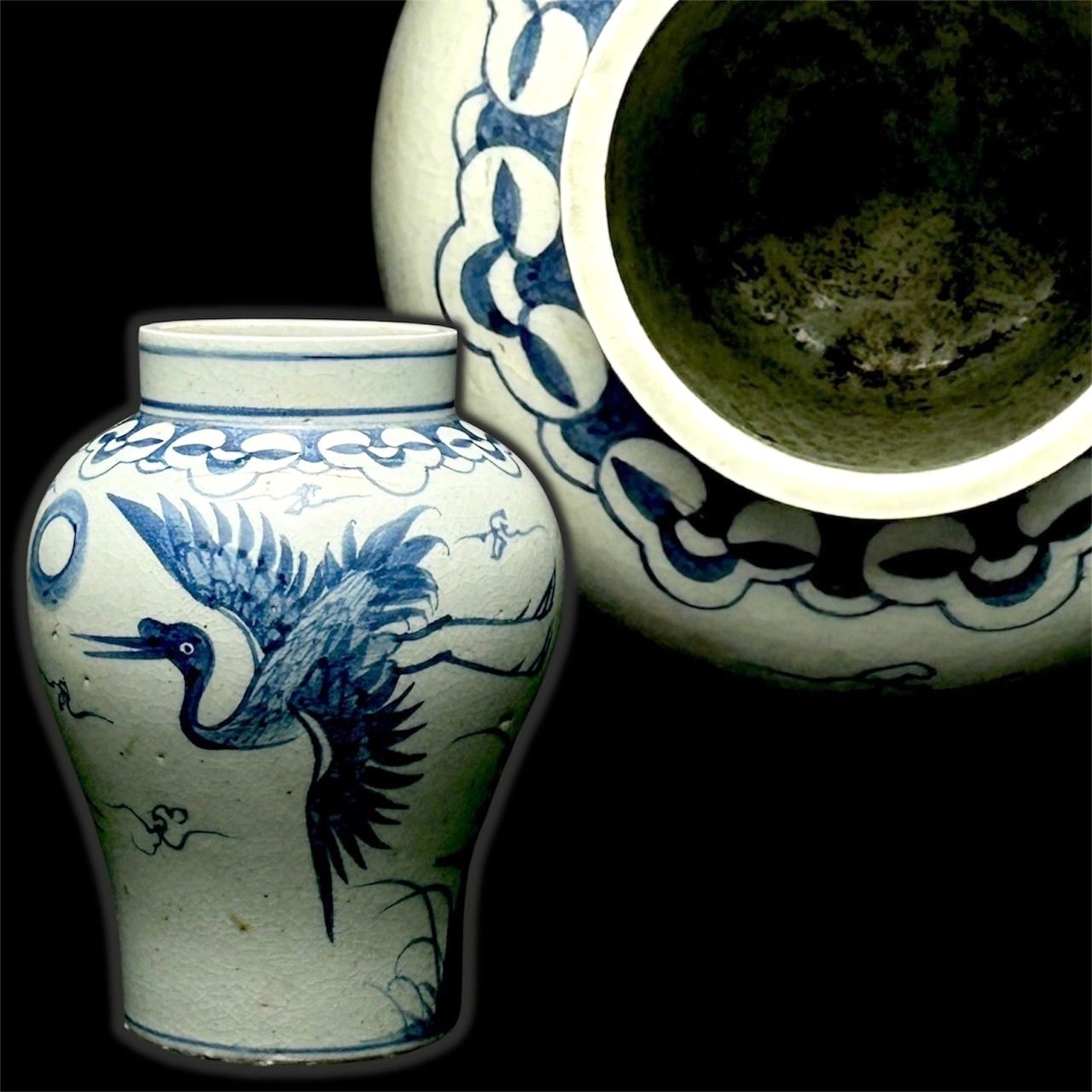 幽玄】李朝時代 白磁染付鶴鹿文壺 時代 朝鮮 李朝 中国 唐 宋 明 唐物