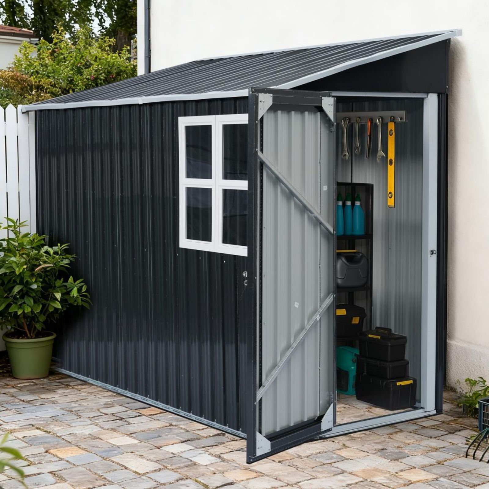 17％OFF 新登場の大型戸外収納庫 前後傾斜が選べる 片流れ屋根 スチール製物置 錆と水に強い 庭に最適 おしゃれ BLACK