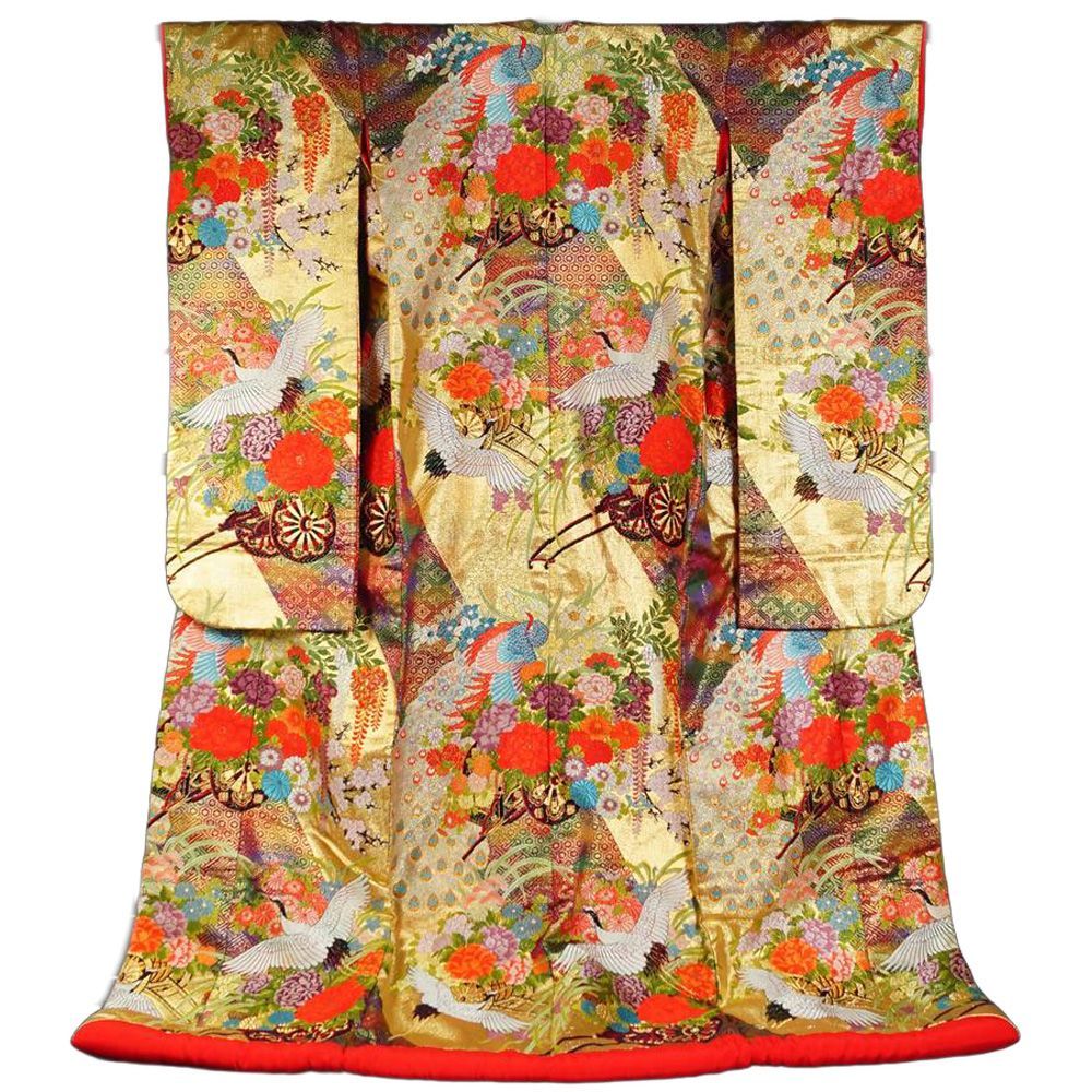 色打掛 踊り着物 花車に飛鶴 孔雀模様 刺繍 金糸 正絹 引き振袖 Mサイズ 裾引き 裾引 引き摺り お引き 着物 ひきずり 打掛 打掛け お引き摺り 踊り 踊り用着物 リサイクル着物 舞台 衣装 ステージ カラオケ