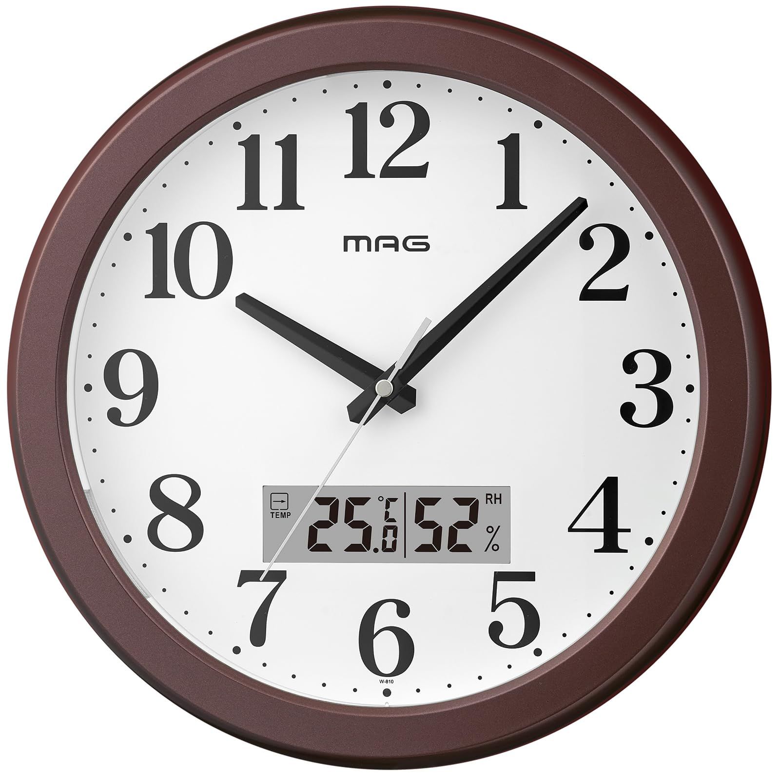 MAG(マグ) 掛け時計 壁掛け時計 アナログ 温度計 湿度計 温湿度計 自動点灯 暗くなるとライトが光り続ける 静音 連続秒針 直径30.8 ブラウン メイヤ W-810A BR-Z ノア精密