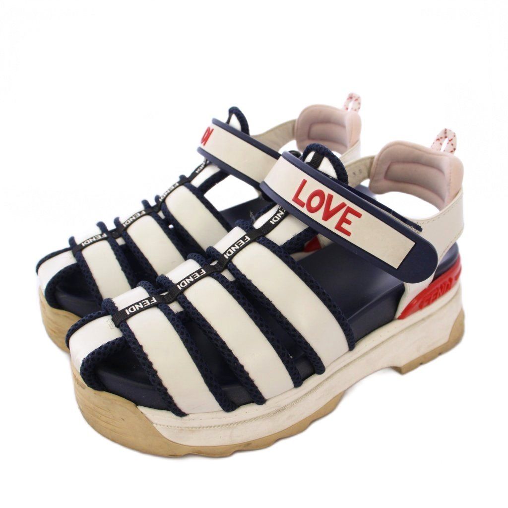 【中古】フェンディ FENDI T-REX ケージサンダル ストラップ 35 白 紺 赤 8X6836 /TK レディース フェンディ FENDI T-REX ケージサンダル ストラップ 35 白 紺 赤