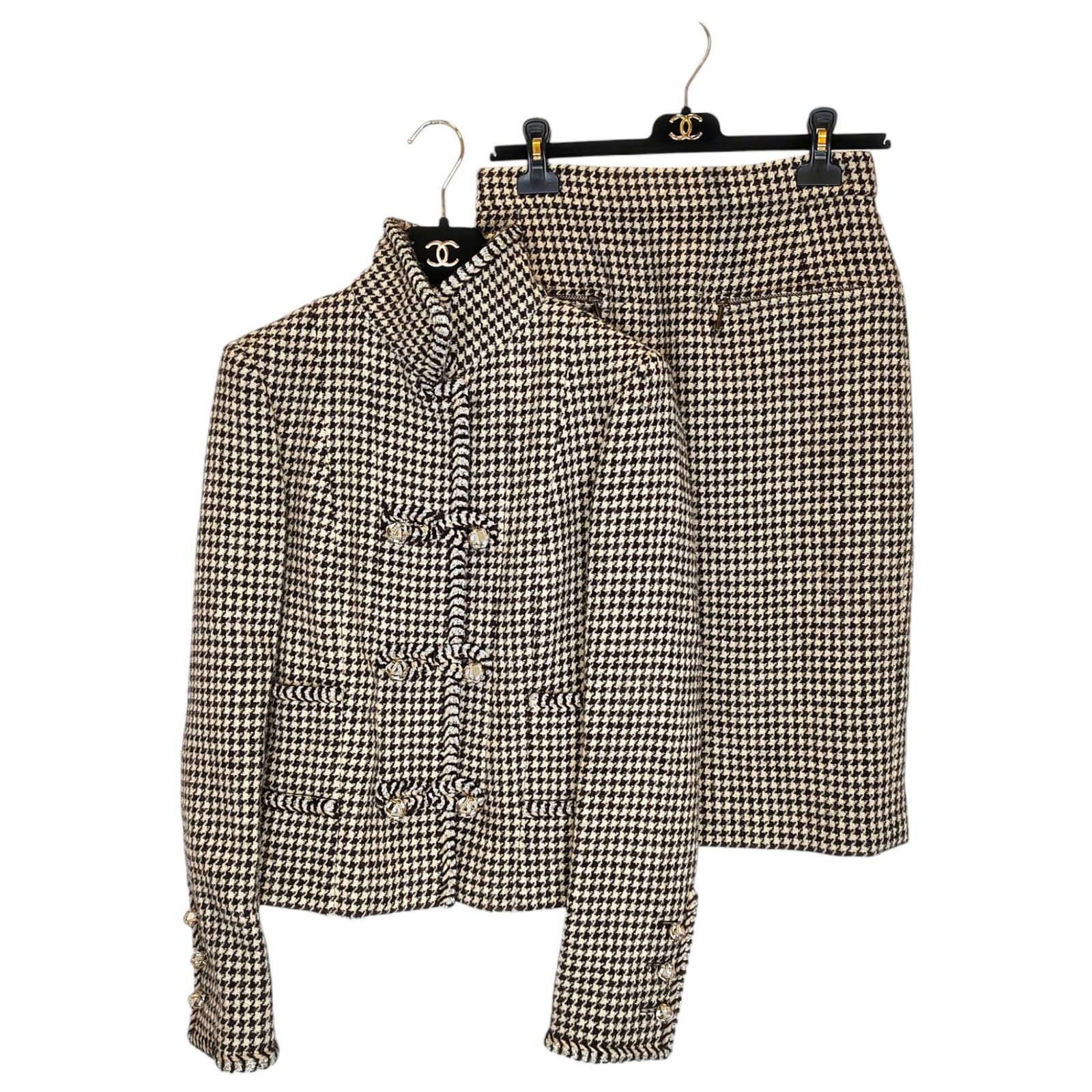 CHANEL シャネル 千鳥 ツイード ジャケット スカート セットアップ 38 ホワイト ブラウン レディース
