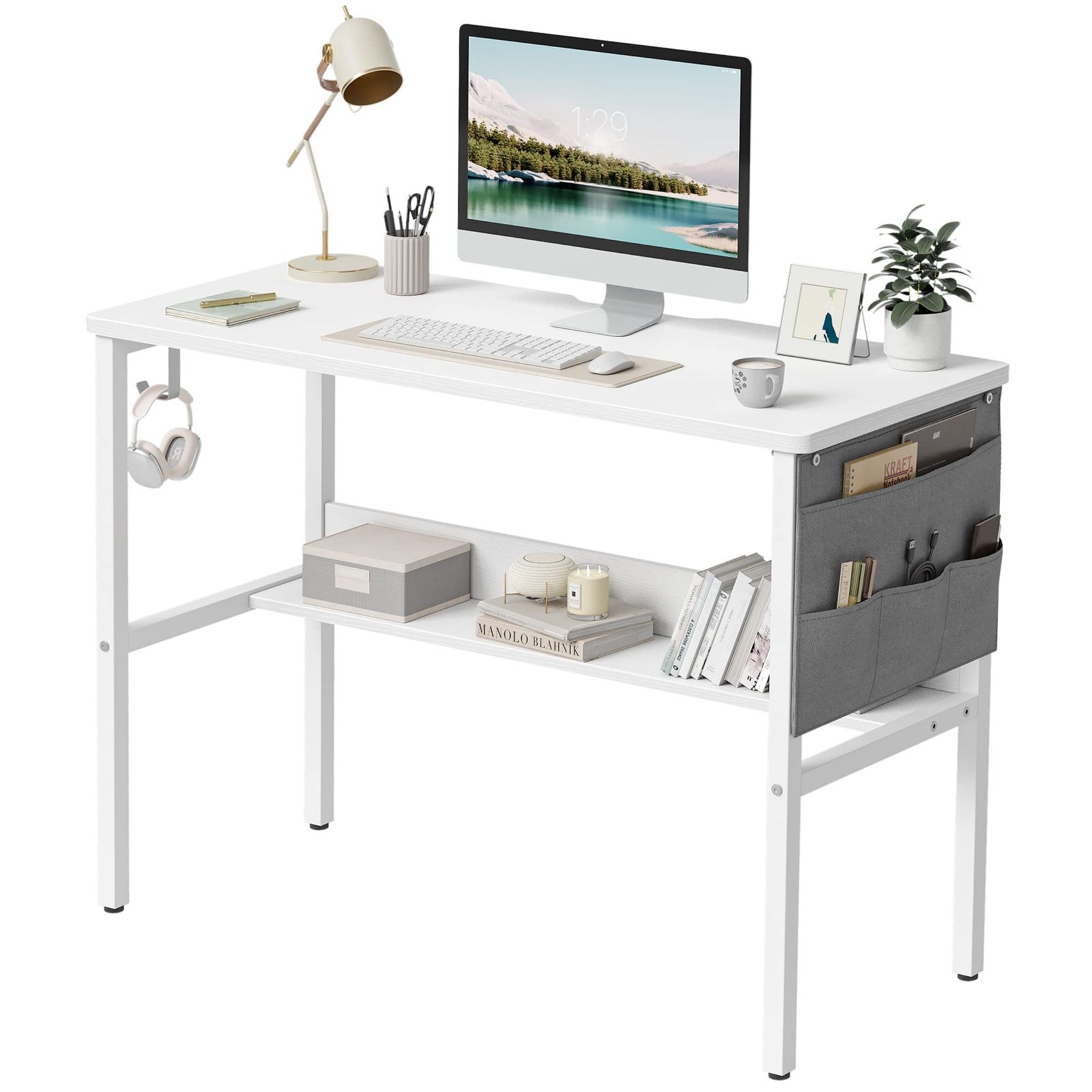 CubiCubi デスク 机 幅96 cm 奥行き40 パソコンデスク 机pcデスク ゲーミングデスク テレワーク 子 ラック付き 勉強机 組立簡単 一人暮らし 収納袋付き ホワイト