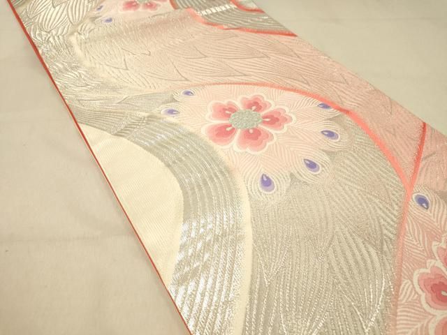 平和屋着物◎六通柄袋帯 唐織 孔雀羽花文 銀糸 正絹 逸品 DAAZ3840jm