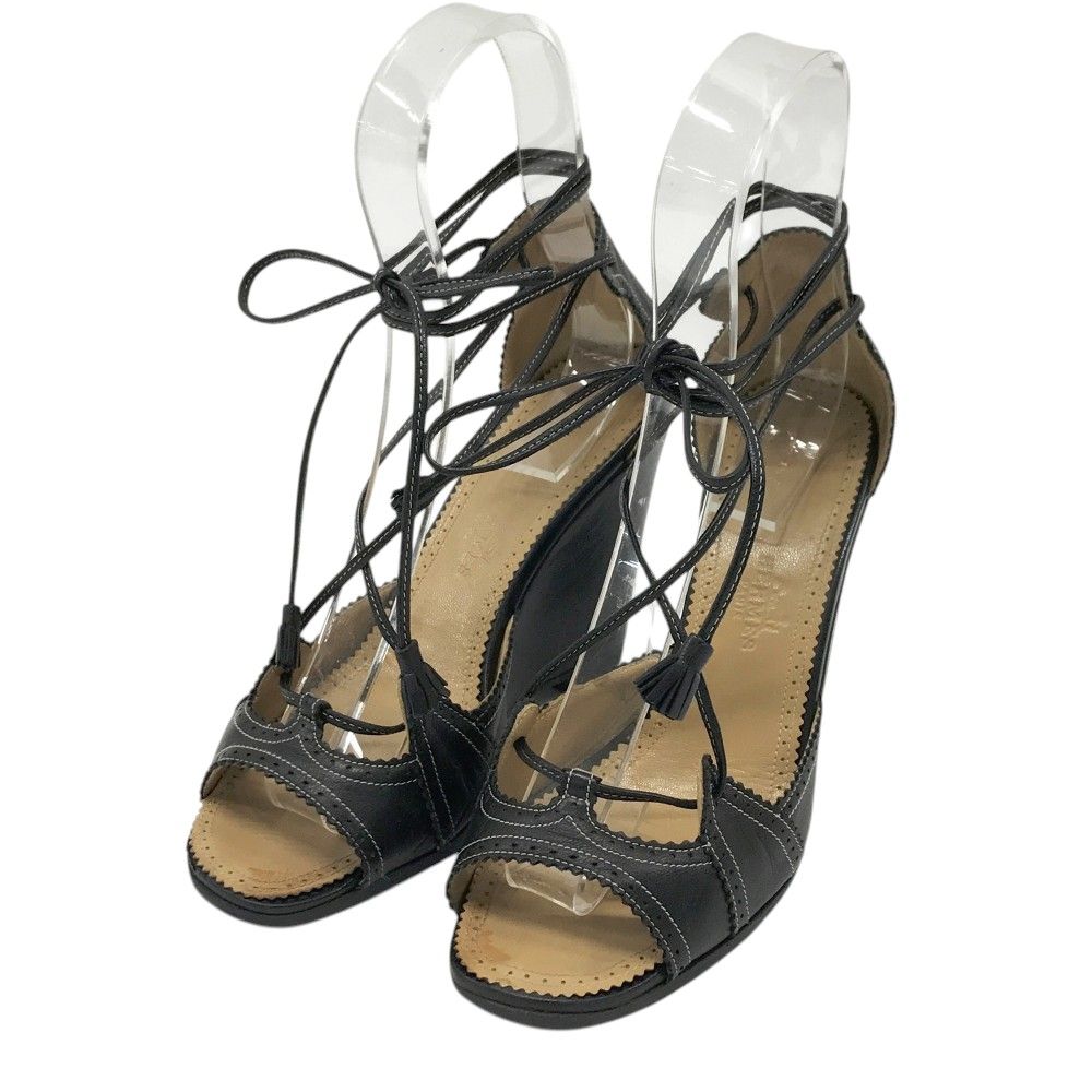 HERMES エルメス サンダル レザー ウェッジ ストラップ ブラック系 36