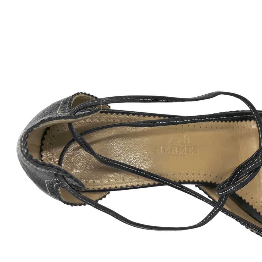 HERMES エルメス サンダル レザー ウェッジ ストラップ ブラック系 36