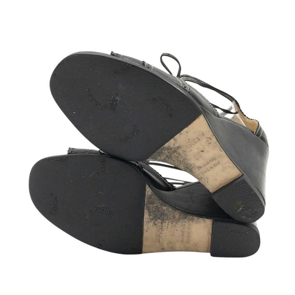 HERMES エルメス サンダル レザー ウェッジ ストラップ ブラック系 36