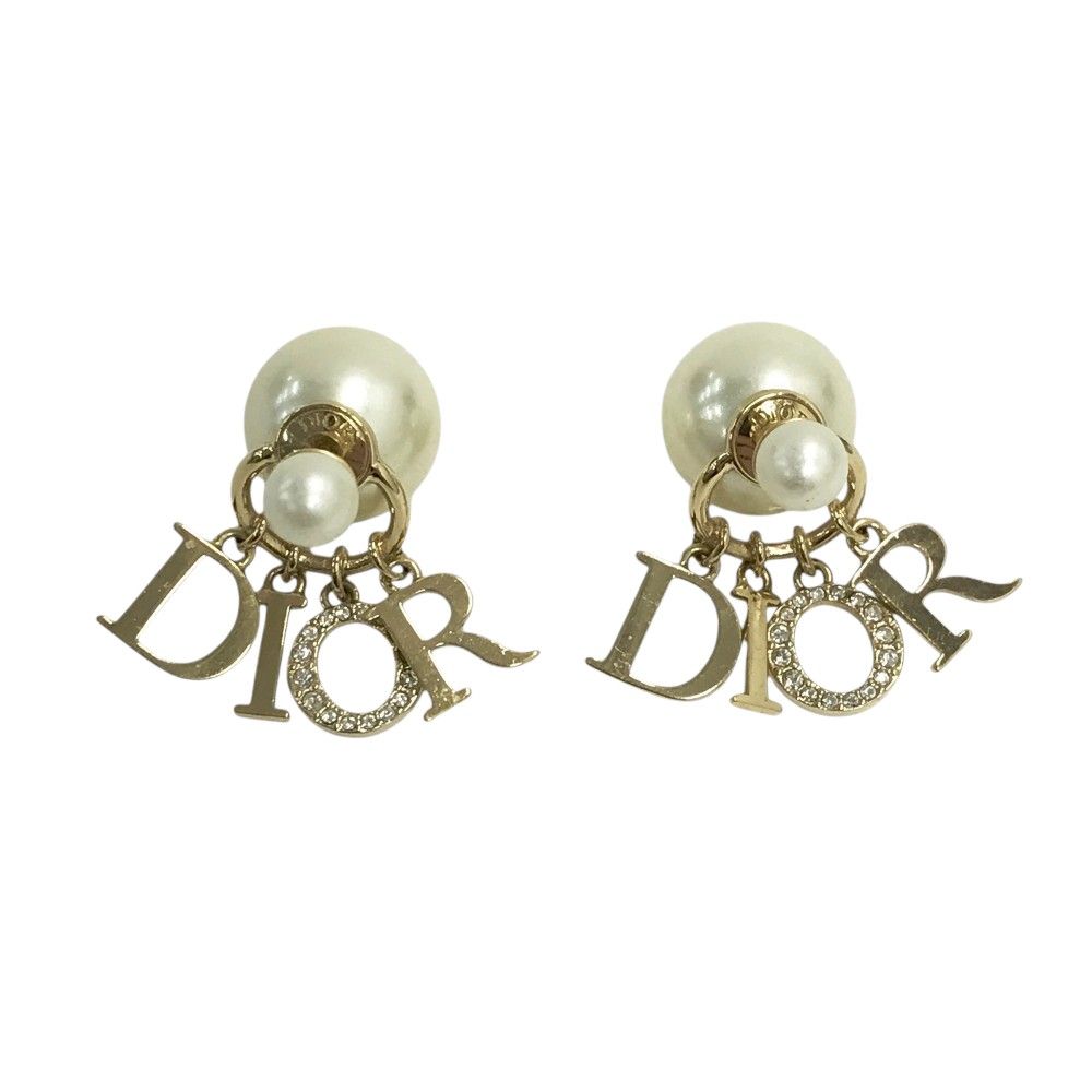 Christian Dior クリスチャン ディオール パールピアス ロゴ ラインストーン ゴールド系