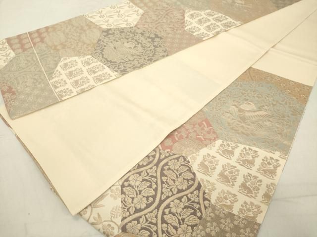 だ*ん様 名物裂袋帯 平和屋着物◎六通柄袋帯 名物裂 切嵌花鳥文 花兎 金糸 正絹 逸品