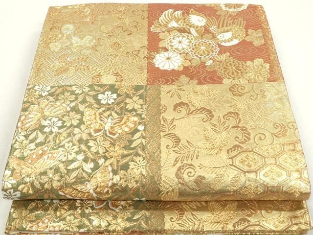 平和屋着物◎六通柄袋帯 唐織 更紗花蝶文 鴛鴦 金糸 正絹 逸品