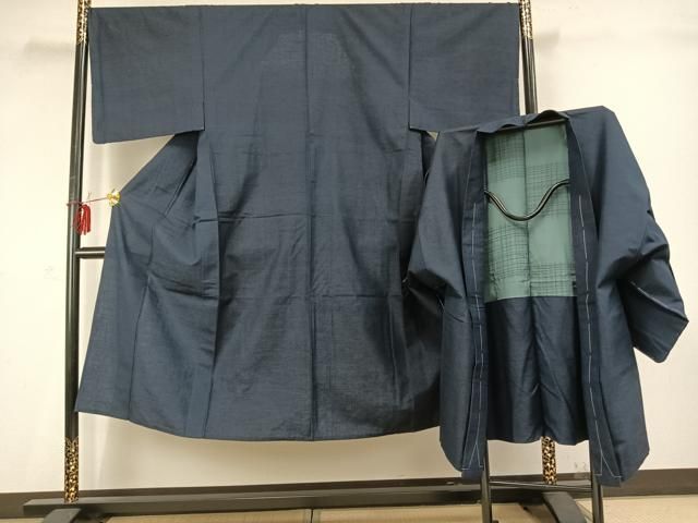 平和屋着物 男性 単衣 紬 アンサンブル 留紺色 やまと誂製 正絹 fy