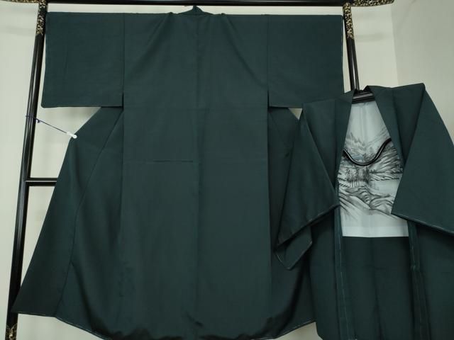 平和屋着物 男性 紬 アンサンブル 万筋 黒色×濃紺色 正絹 ps