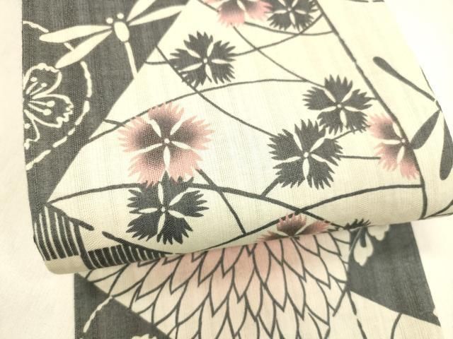 平和屋着物○半幅帯 型染 紬地 蜻蛉花唐草文 正絹 逸品 DAAZ4520cm