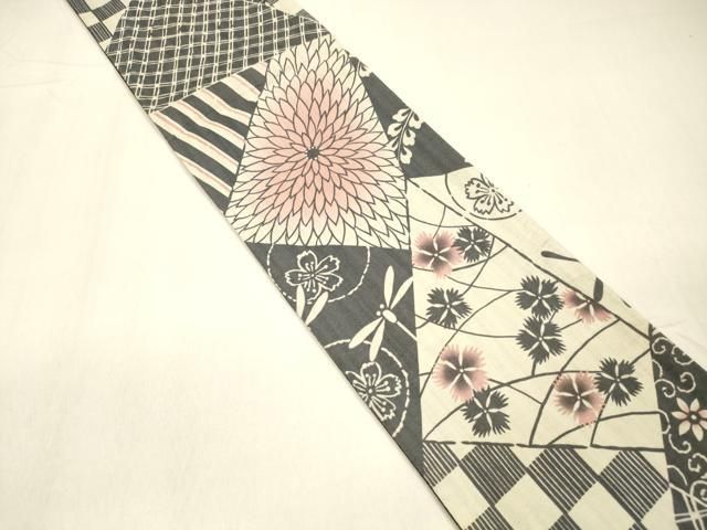 平和屋着物 半幅帯 型染 紬地 蜻蛉花唐草文 正絹 cm