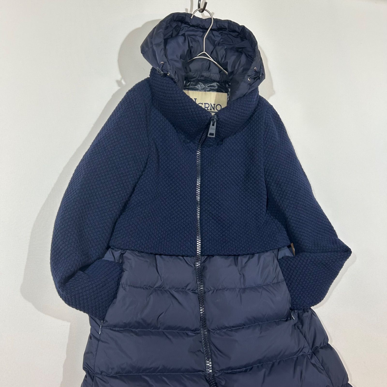 2237け　ヘルノ　ダウンコート　2way 異素材　切替　Aライン　ネイビー 高級】 ヘルノ HERNO 切り替え Aライン リバイバル＆ナイロン